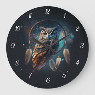 Mystical Space Owl with Dreamcatcher Art Large Clock