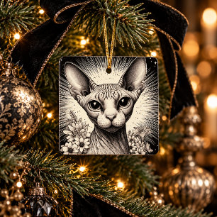 Mystical Sphynx Cat Vintage Gothic Botanical  Ceramic Ornament