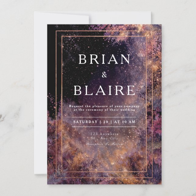 Mystical Starry Night Gold Frame Forest Wedding Invitation (Front)
