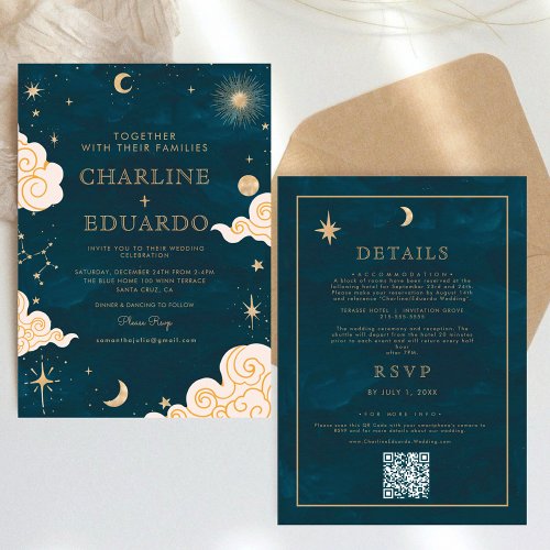 Mystical Stars Moon  Celestial Qr Code Wedding Invitation