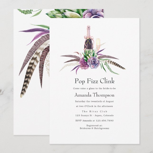 Mystical Succulent Pop Fizz Clink Bridal Shower Invitation (Front/Back)