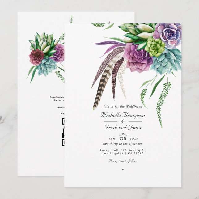 Mystical Succulent QR Code RSVP Bohemian Wedding Invitation (Front/Back)