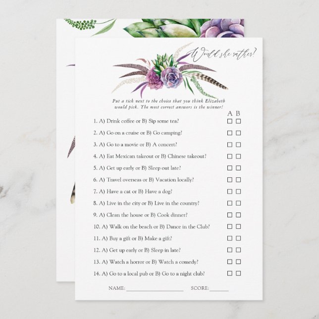 Mystical Succulents Bridal Shower Game Invitation (Front/Back)