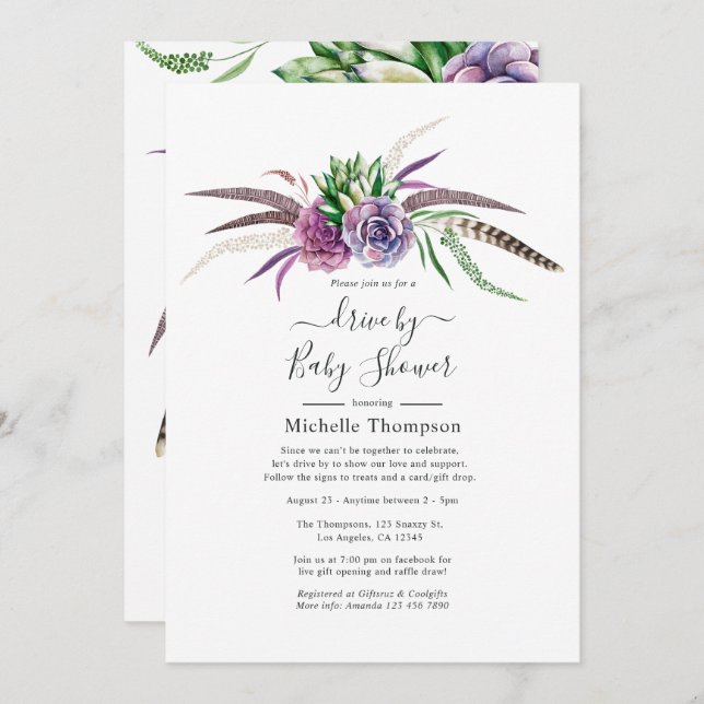 Mystical Succulents Drive By Bridal or Baby Shower Invitation (Front/Back)