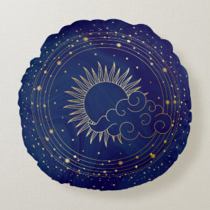 Mystical Sun, Moon and Clouds Meditation Round Pillow