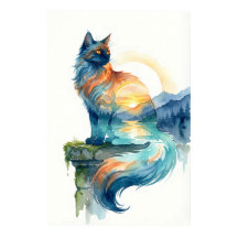 Mystical Sunset Cat Double Exposure Watercolor
