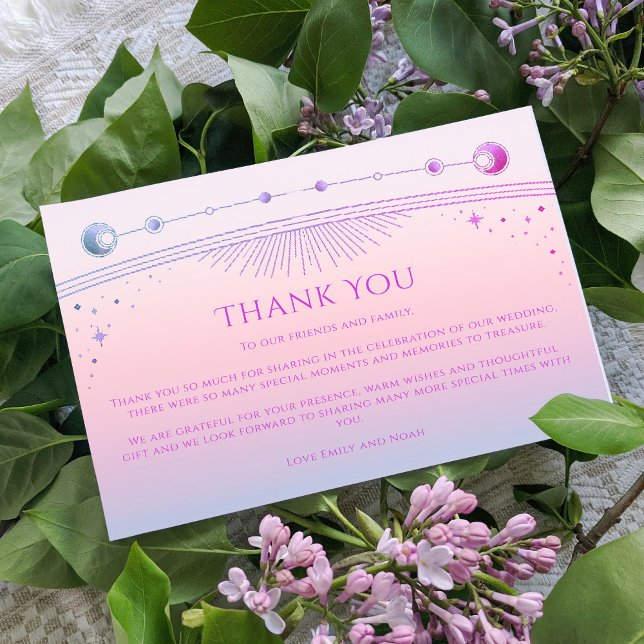 Mystical Sunset Pink Sun Moon Star Photo Wedding Thank You Card (Creator Uploaded)