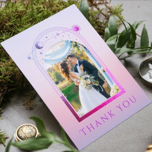 Mystical Sunset Pink Sun Moon Stars Photo Wedding Thank You Card