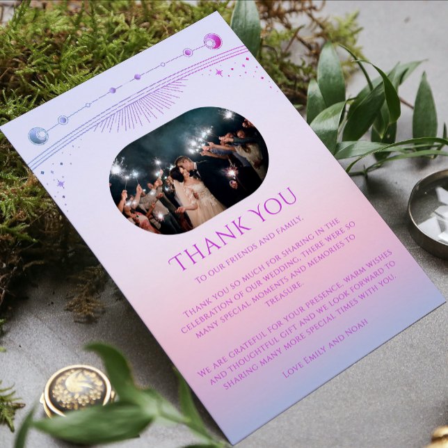 Mystical Sunset Pink Sun Moon Stars Photo Wedding Thank You Card (Creator Uploaded)