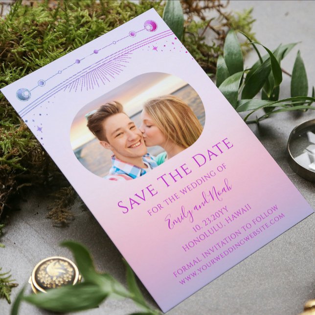 Mystical Sunset Pink Sun Moon Stars Space Save The Date (Creator Uploaded)