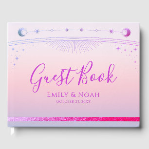 Mystical Sunset Pink Sun Moon Stars Wedding  Guest Book