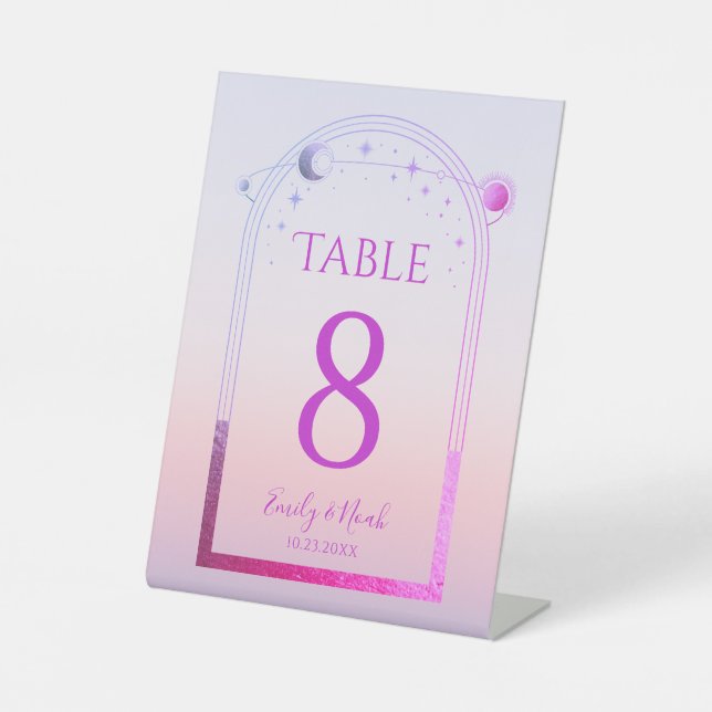 Mystical Sunset Pink Sun Moon Stars Wedding Pedestal Sign (Front)