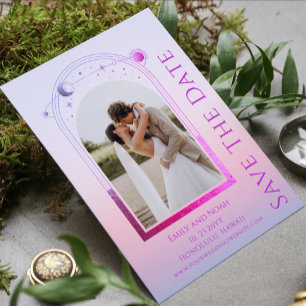 Mystical Sunset Pink Sun Moon Stars Wedding Save The Date