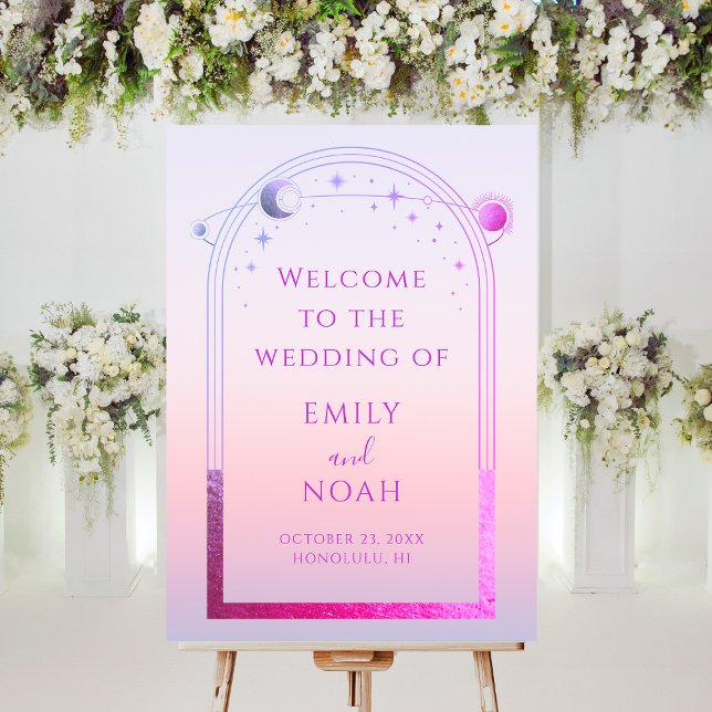 Mystical Sunset Pink Sun Moon Stars Welcome Sign (Creator Uploaded)