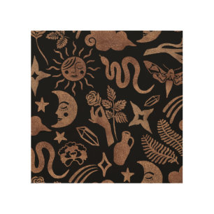 Mystical symbols: snake, sun, moon. wood wall art