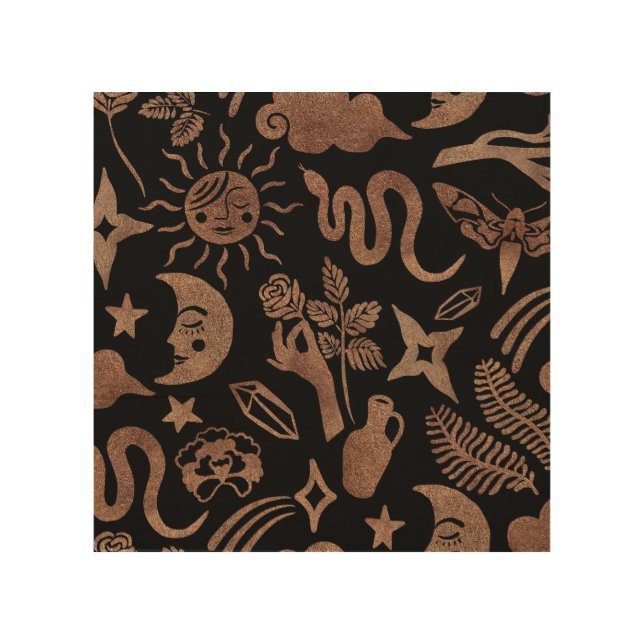Mystical symbols: snake, sun, moon. wood wall art (Front)