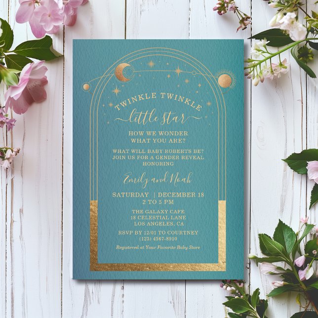 Mystical Teal Gold Sun Moon Stars Baby Shower Invitation (Creator Uploaded)