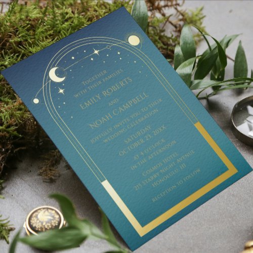 Mystical Teal Gold Sun Star Moon Astronomy Space Foil Invitation