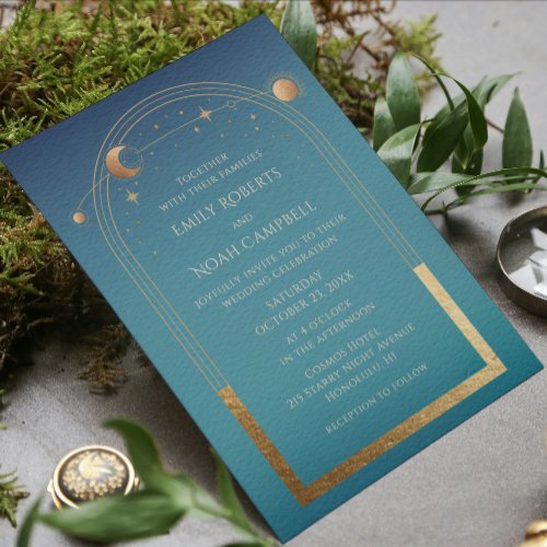 Mystical Teal Gold Sun Star Moon Astronomy Space Invitation