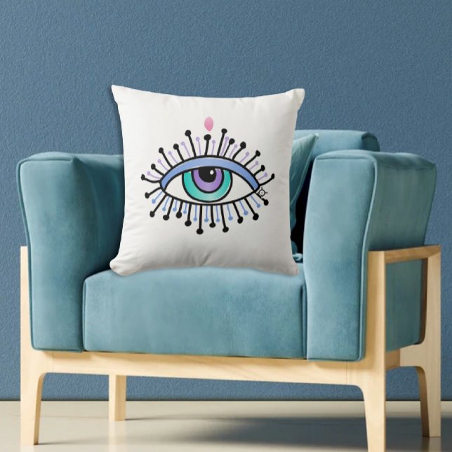 Mystical Third Eye Spiritual Yoga New Age Throw Pillow (White Pillow with hand drawn mystical eye third eye symbol on aqua chair)