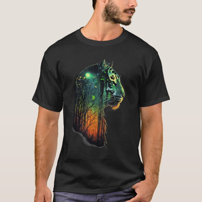 Mystical Tiger Head Silhouette with Forest Element T-Shirt (Front)