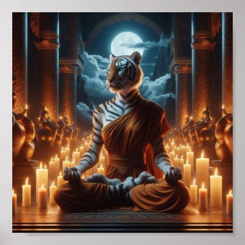 Mystical Tiger Monk Meditates in Candle lit Temple Poster