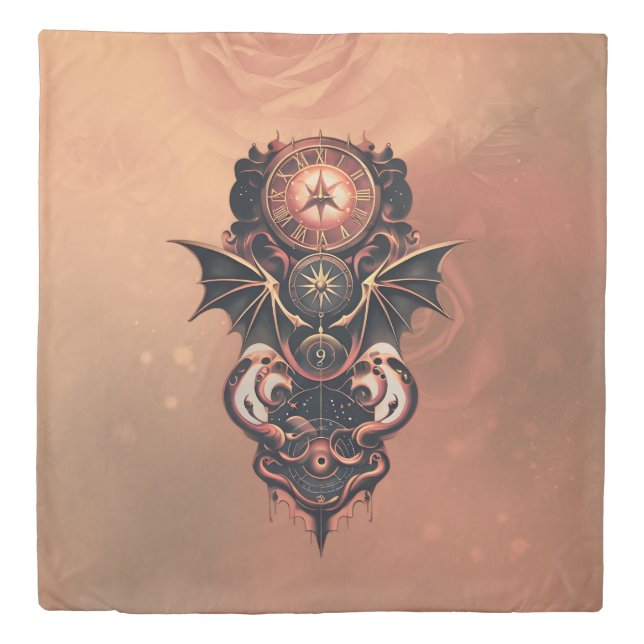 Mystical time travel with wings, steampunk watch.  duvet cover (Front)