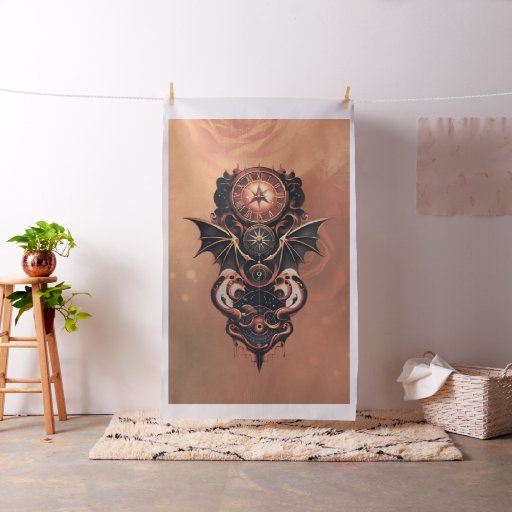 Mystical time travel with wings, steampunk watch.  fabric