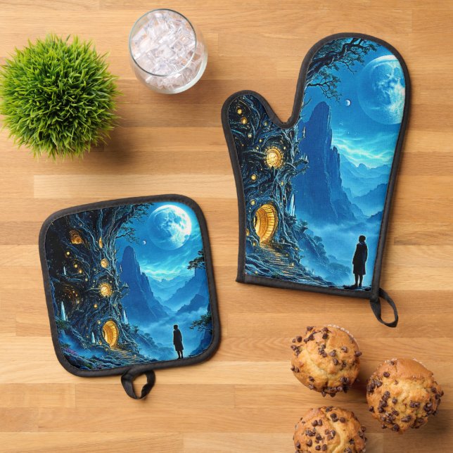Mystical Tree Home Dreamscape Oven Mitt & Pot Holder Set (Top Down)
