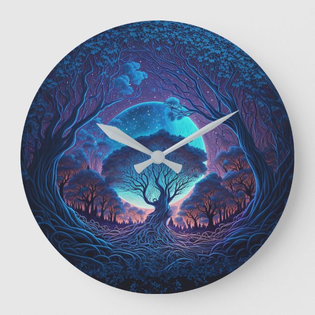 Mystical Tree of Roots Lit by Large Moon Large Clock (Front)
