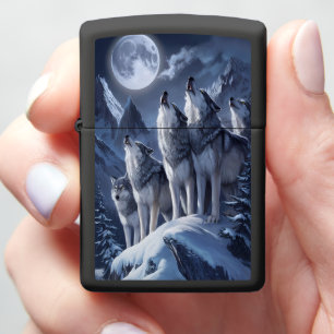 Mystical Trio: Wolves, Mountain, Moon Zippo Lighter