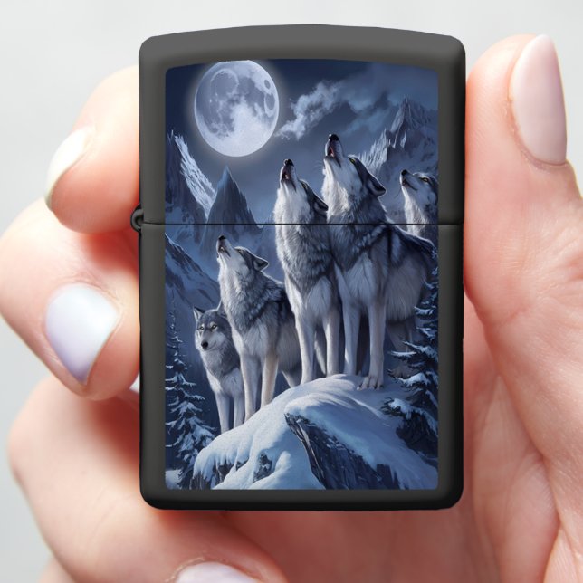 Mystical Trio: Wolves, Mountain, Moon Zippo Lighter (In Hand)