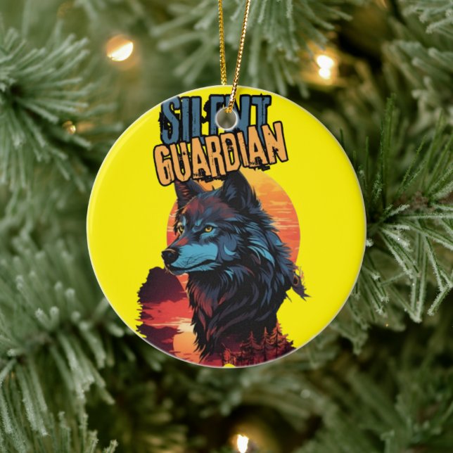 Mystical Twilight: Blue Wolf in a Fiery Horizon Ceramic Ornament (Tree)