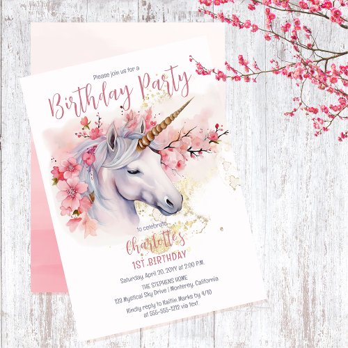 Mystical Unicorn Floral Girl 1st Birthday Party Invitation