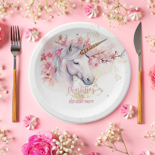 Mystical Unicorn Floral Girl 1st Birthday Party Paper Plates
