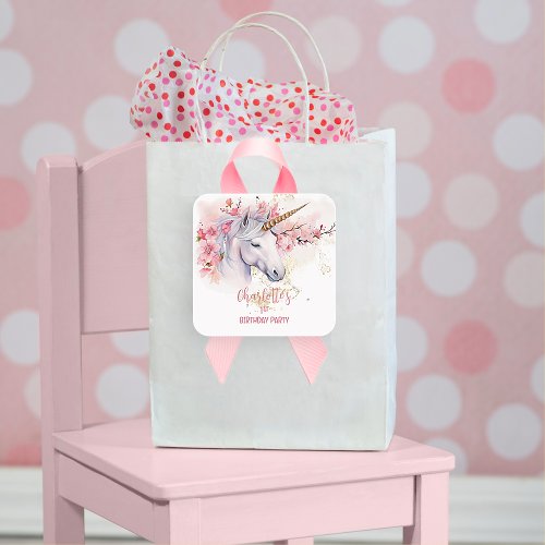 Mystical Unicorn Floral Girl 1st Birthday Party Square Sticker