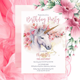 Mystical Unicorn Floral Girl 2nd Birthday Party Invitation