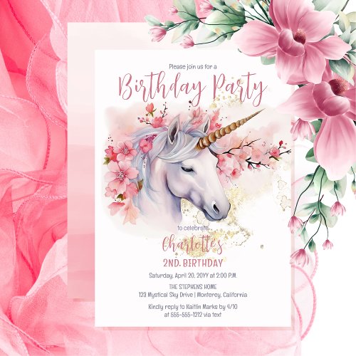 Mystical Unicorn Floral Girl 2nd Birthday Party Invitation