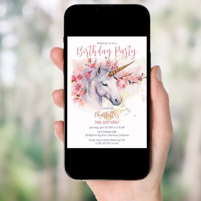 Mystical Unicorn Floral Girl 2nd Birthday Party Invitation (Front Digital)