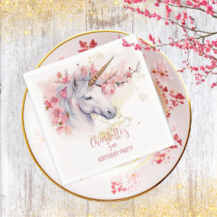 Mystical Unicorn Floral Girl 2nd Birthday Party Napkins
