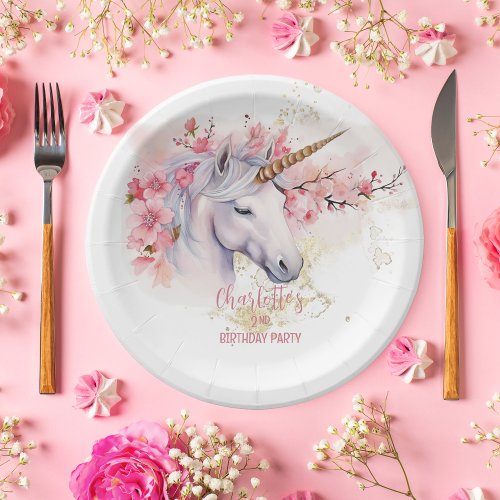 Mystical Unicorn Floral Girl 2nd Birthday Party Paper Plates