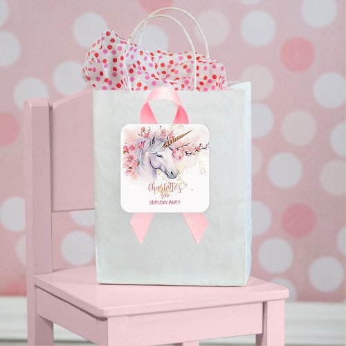 Mystical Unicorn Floral Girl 2nd Birthday Party Square Sticker