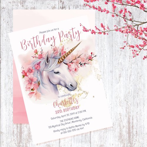 Mystical Unicorn Floral Girl 3rd Birthday Party Invitation
