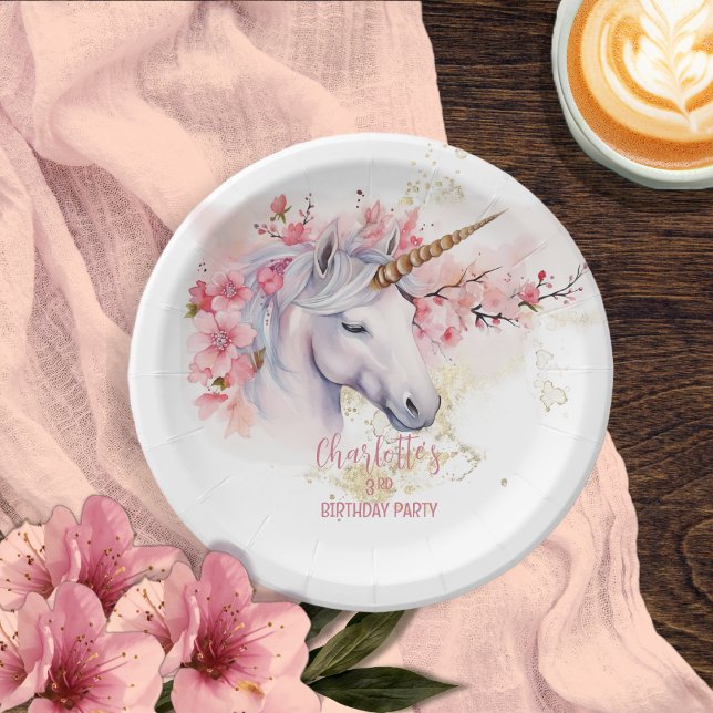 Mystical Unicorn Floral Girl 3rd Birthday Party Paper Plates (Mystical Unicorn and Cherry Blossoms Pink Floral Girl 3rd Birthday Party Paper Plates)