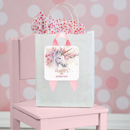 Mystical Unicorn Floral Girl 3rd Birthday Party Square Sticker