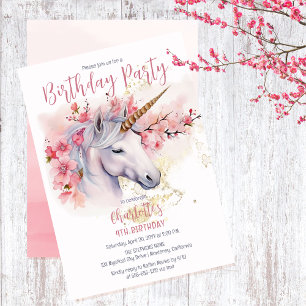 Mystical Unicorn Floral Girl 4th Birthday Party Invitation