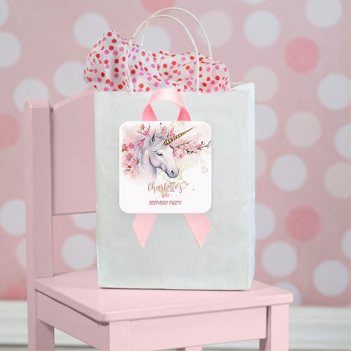 Mystical Unicorn Floral Girl 4th Birthday Party Square Sticker