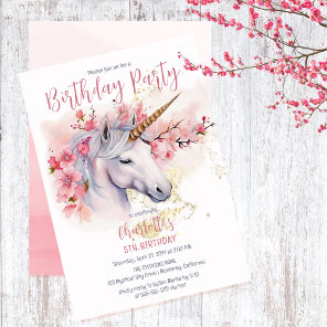 Mystical Unicorn Floral Girl 5th Birthday Party Invitation