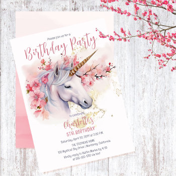 Mystical Unicorn Floral Girl 5th Birthday Party Invitation by holidayhearts at Zazzle