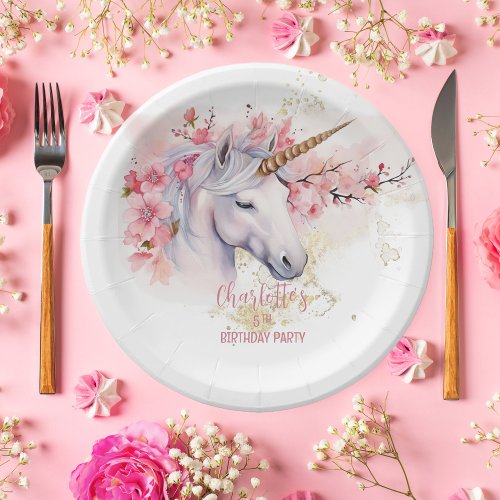 Mystical Unicorn Floral Girl 5th Birthday Party Paper Plates
